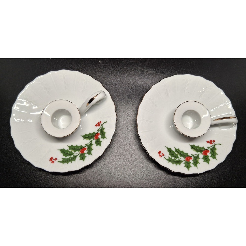 All The Trimmings Holiday Holly Porcelain Candle Holders Set of 2 Japan gold Trm